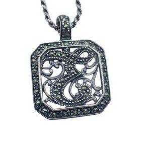 Vintage Sterling Silver Marcasite Letter E Monogram Pendant Necklace Signed 24''